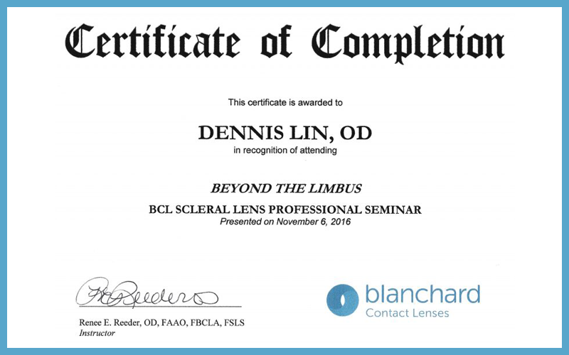 Certificate of Completion Scleral Lens Professional Seminar